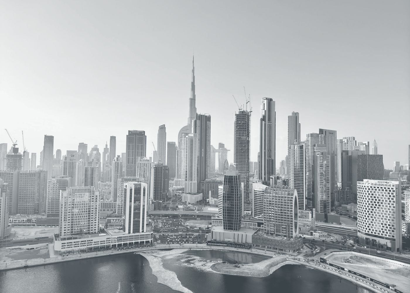 Dubai skyline with Burj Khalifa seen across the water